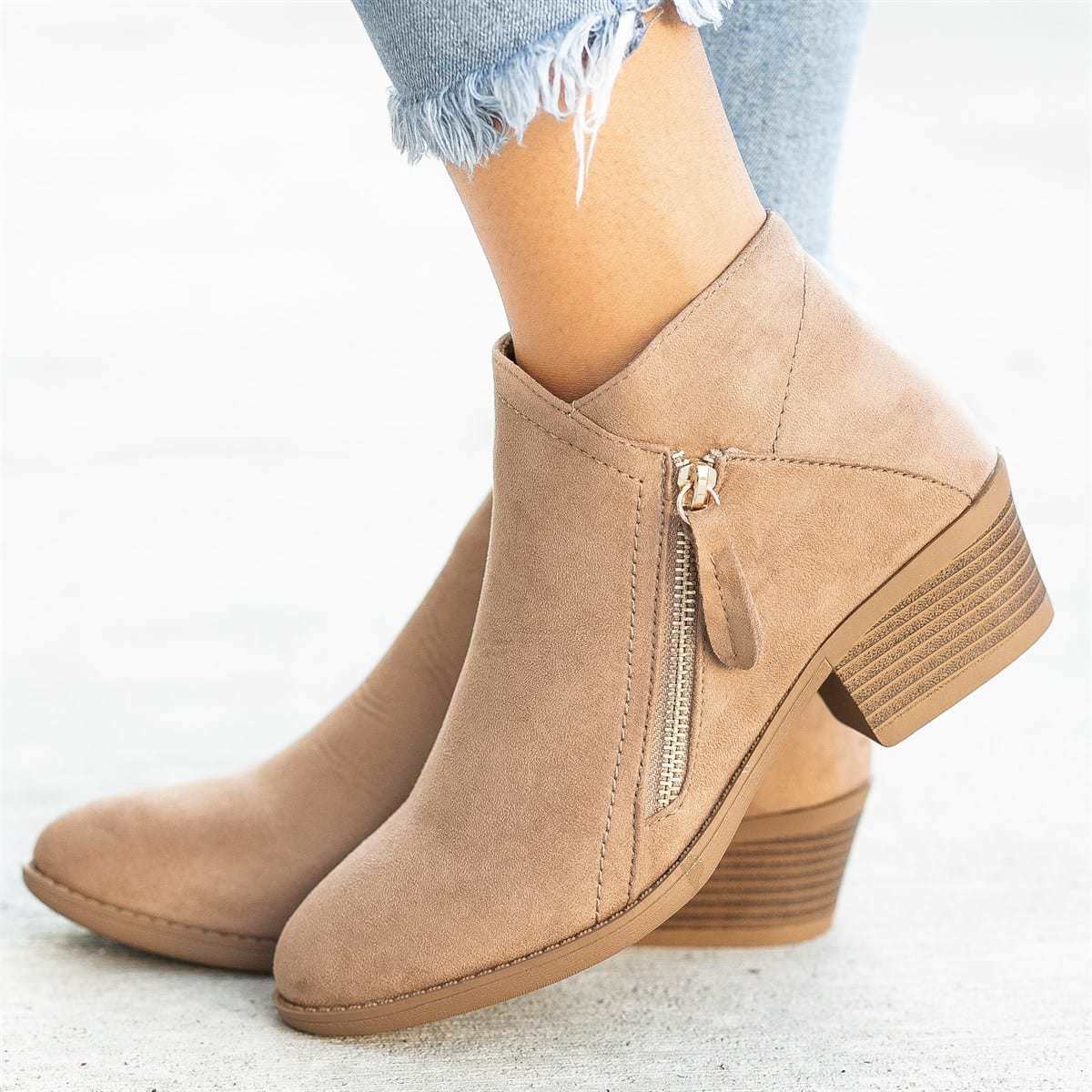 Women Side Zipper Boots Fashion Suede Low Heel Shoes Women Short Boots Square Heels Casual Ankle Boots Plus Size 43 botas mujer