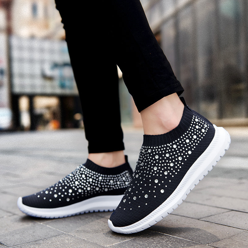 Women Casual Sneakers Knitted Flats Loafers Ladies Slip-on Sock Shoes Women's Luxury Crystal Vulcanized Shoes Zapatillas Mujer