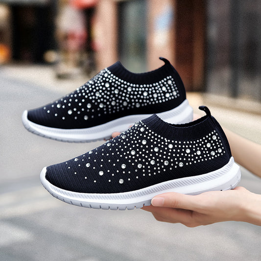 Women Casual Sneakers Knitted Flats Loafers Ladies Slip-on Sock Shoes Women's Luxury Crystal Vulcanized Shoes Zapatillas Mujer