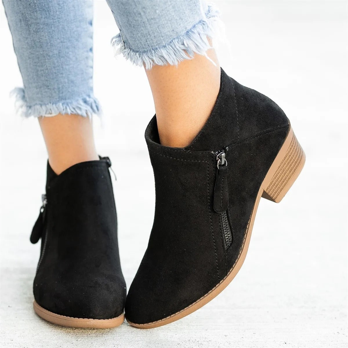 Women Side Zipper Boots Fashion Suede Low Heel Shoes Women Short Boots Square Heels Casual Ankle Boots Plus Size 43 botas mujer